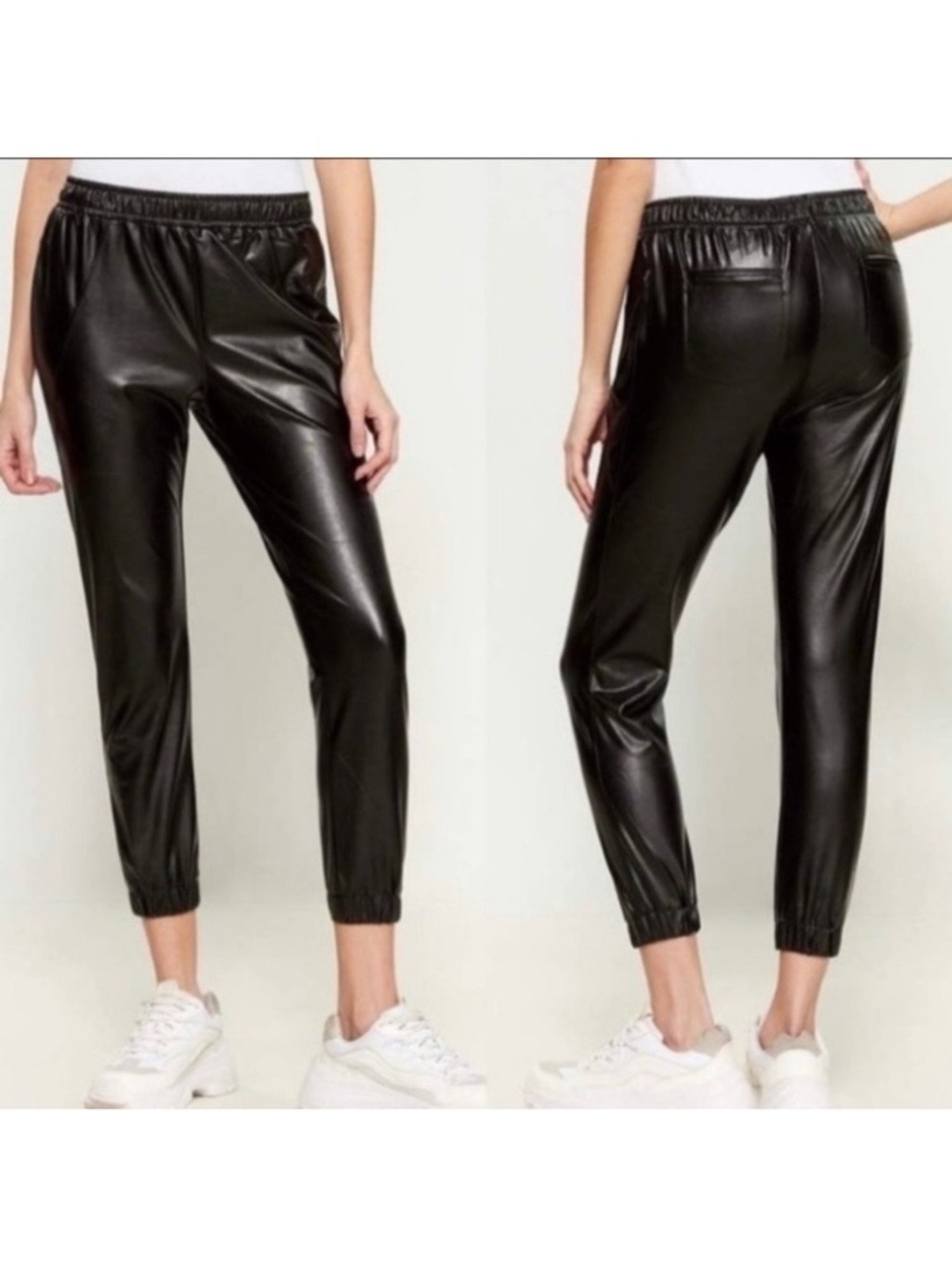 DAVID Lerner Black Faux Leather Sleek Pull on Track Pants